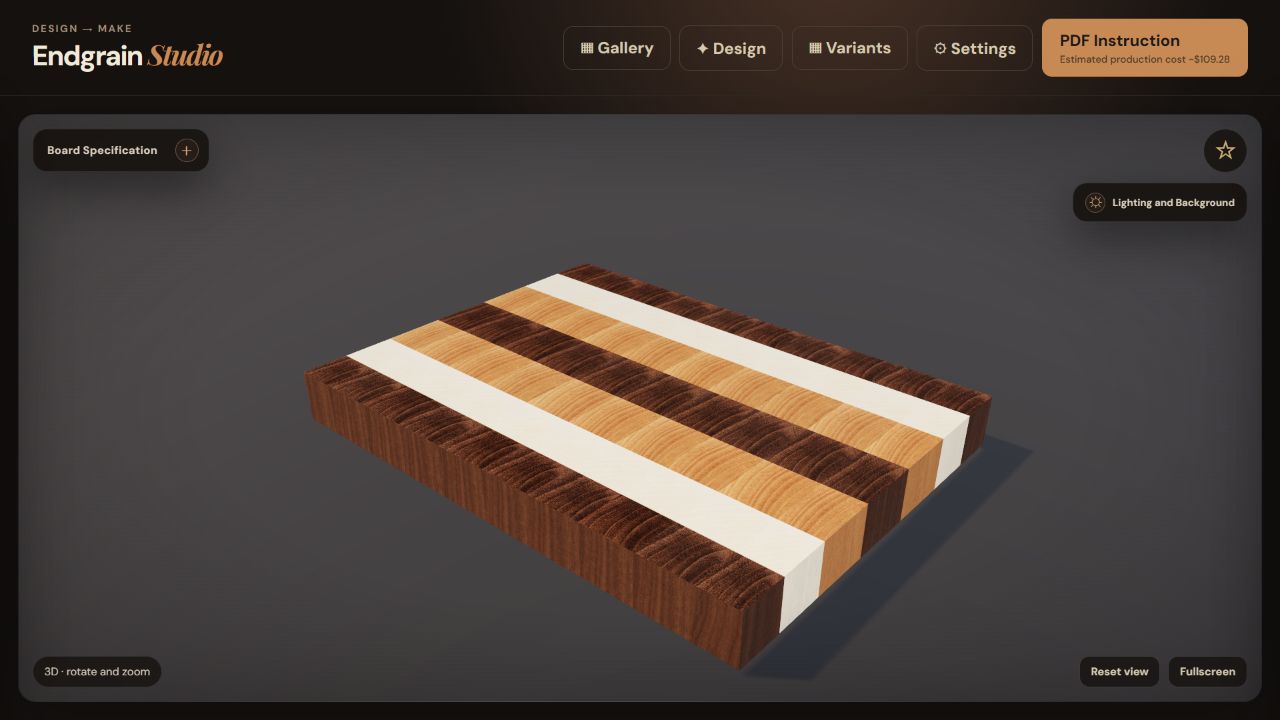 Endgrain Studio main workspace with the 3D board and top toolbar